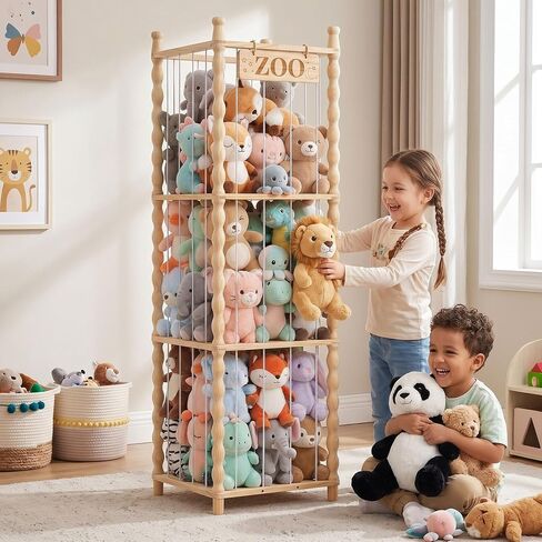Stuffed Animal Storage Organizer, Wood Animals Zoo Toy Plushies Storage Holder with Cute Wave Design, Large Capacity Plush Toy Cage for Kids Room, Nursery & Playroom Organization(54" Tall) in Kuwait