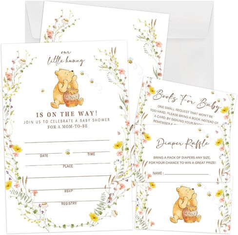 A Little Hunny Is on the Way Baby Shower Invitations, 25PCS Fill-In Winnie Baby Shower Invites with Book & Diaper Cards, with Envelopes for Girl Boy Gender Neutral Baby Shower Party Supplies-B20 in Kuwait