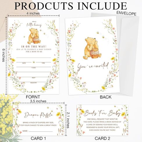 A Little Hunny Is on the Way Baby Shower Invitations, 25PCS Fill-In Winnie Baby Shower Invites with Book & Diaper Cards, with Envelopes for Girl Boy Gender Neutral Baby Shower Party Supplies-B20 in Kuwait