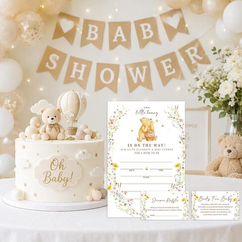 A Little Hunny Is on the Way Baby Shower Invitations, 25PCS Fill-In Winnie Baby Shower Invites with Book & Diaper Cards, with Envelopes for Girl Boy Gender Neutral Baby Shower Party Supplies-B20 in Kuwait