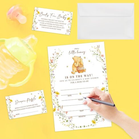 A Little Hunny Is on the Way Baby Shower Invitations, 25PCS Fill-In Winnie Baby Shower Invites with Book & Diaper Cards, with Envelopes for Girl Boy Gender Neutral Baby Shower Party Supplies-B20 in Kuwait