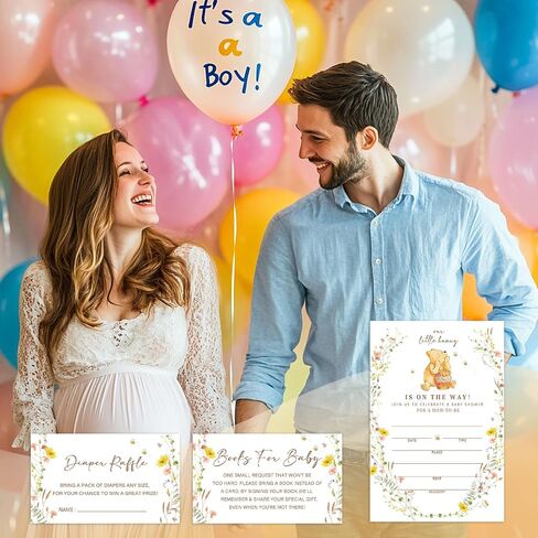 A Little Hunny Is on the Way Baby Shower Invitations, 25PCS Fill-In Winnie Baby Shower Invites with Book & Diaper Cards, with Envelopes for Girl Boy Gender Neutral Baby Shower Party Supplies-B20 in Kuwait
