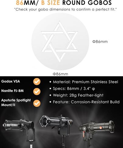 86mm (B-Size) Optical Snoot Gobos Kit, 15-Piece Metal Pattern Inserts Compatible with Aputure Spotlight Mount II/Godox VSA/Nanlite PJ-BM, Creative Lighting Backgrounds for Cinematic Portraits in Kuwait