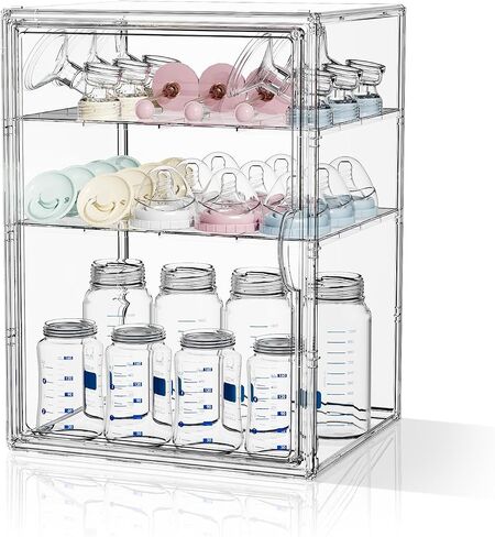 MSHOMEY Baby Bottle Storage Organizer for Countertop Cabinet 4 Tiers Clear Plastic Bottle Station Organizer with 3 Adjustable Divider, Large Baby Bottles Holder Rack for Rings, Nipples, Pump Parts in Kuwait
