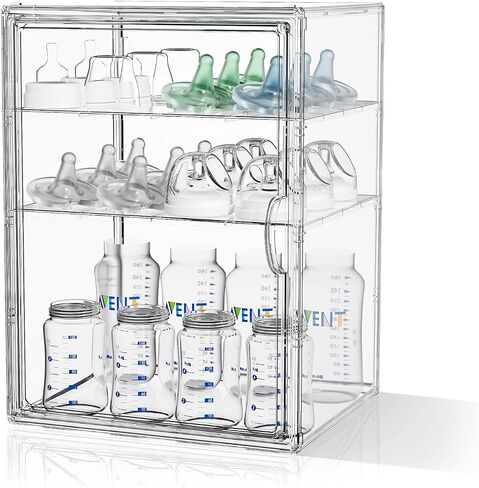 JOYZAN Clear Baby Bottle Organizer for Countertop 3 Tier Stackable Plastic Bottle Station Organizer with Adjustable Dividers Baby Bottle Storage Organizer for Cabinet,Home,Bathroom XL in Kuwait
