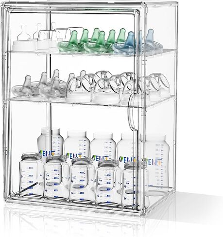 JOYZAN Clear Baby Bottle Organizer for Countertop 3 Tier Stackable Plastic Bottle Station Organizer with Adjustable Dividers Baby Bottle Storage Organizer for Cabinet,Home,Bathroom XXL in Saudi Arabia