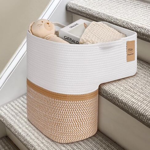 Woven Stair Basket, Stair Baskets for Wooden Stairs, Carpeted Stairs Storage Basket with Handles, Staircase Baskets for Toys, Books, Brown, 15" L x 10" W x 15" H in Kuwait