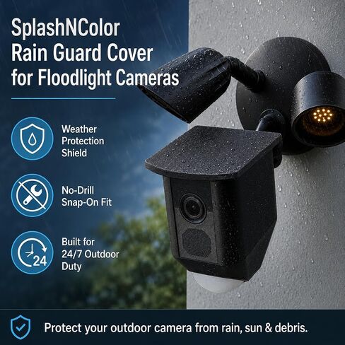 SplashNColor Rain Guard Cover for Ring Floodlight Cam – Weather Shield Drip Diverter | No-Drill Snap-On Fit | Outdoor Security Camera Lens Protector Sun Shade Hood in Kuwait