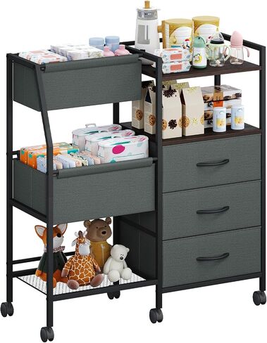 Somdot Baby Diaper Caddy Organizer, 3-Tier Rolling Cart with Drawers | Large-Capacity Metal Nursery Organizer with Removable Dividers, Black Rustic Brown in Kuwait