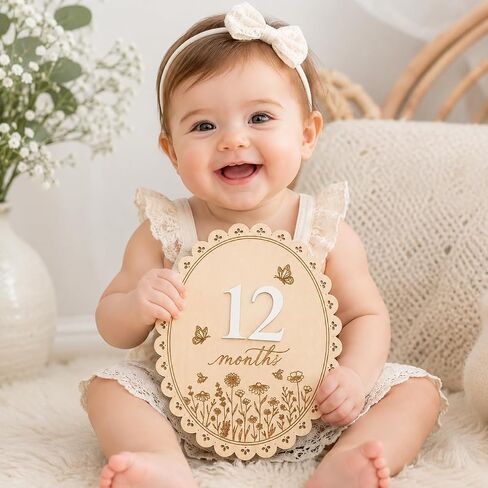 Baby Monthly Milestone Signs, Baby Monthly Milestone Girls, Wooden Double-Sided 1-12 Months Baby Signs with Changeable Numbers, Newborn Photography Props, Nursery Decor for Girls (QR7) in Kuwait