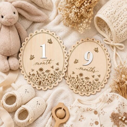 Baby Monthly Milestone Signs, Baby Monthly Milestone Girls, Wooden Double-Sided 1-12 Months Baby Signs with Changeable Numbers, Newborn Photography Props, Nursery Decor for Girls (QR7) in Kuwait
