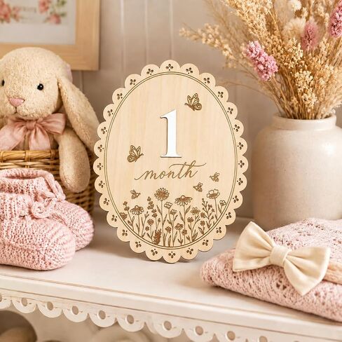 Baby Monthly Milestone Signs, Baby Monthly Milestone Girls, Wooden Double-Sided 1-12 Months Baby Signs with Changeable Numbers, Newborn Photography Props, Nursery Decor for Girls (QR7) in Kuwait