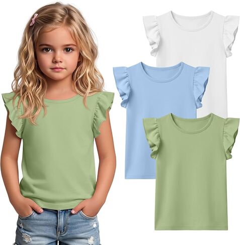 Yooo's Vivi 3 Pack Toddler Girl's Ruffle Sleeve T-Shirt Baby 18M-5T Infant Plain Sleeveless Tank Tops Casual Cute Summer Tees in Kuwait