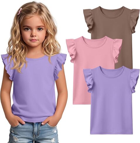 Yooo's Vivi 3 Pack Toddler Girl's Ruffle Sleeve Top | Baby Casual T-shirt, 18M-5T, Infant Plain Sleeveless Tank, Cute, Summer Tees, kindergarten, Preschool, Park, Travel, Vacation in Kuwait