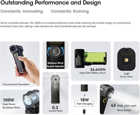 Nitecore Cinewind CW20 Pocket Photography Fan/blower with Tripod Mount, Rechargeable, Flat/Round Nozzles, Storage Case and EdisonBright charging adapter in Kuwait