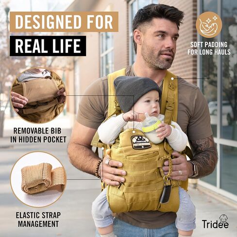Dad Baby Carrier for Men with Adjustable Hip Snaps - Soft Infant Carrier Magnetic Sunshade Protector, Newborn Bibs, 2 Carabiners, Removable Waist Strap Holds Babies and Infants Up to 44 Lbs Tan in Kuwait