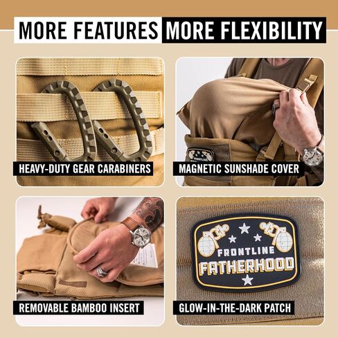 Dad Baby Carrier for Men with Adjustable Hip Snaps - Soft Infant Carrier Magnetic Sunshade Protector, Newborn Bibs, 2 Carabiners, Removable Waist Strap Holds Babies and Infants Up to 44 Lbs Tan in Kuwait