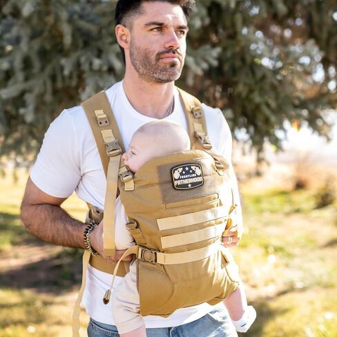 Dad Baby Carrier for Men with Adjustable Hip Snaps - Soft Infant Carrier Magnetic Sunshade Protector, Newborn Bibs, 2 Carabiners, Removable Waist Strap Holds Babies and Infants Up to 44 Lbs Tan in Kuwait