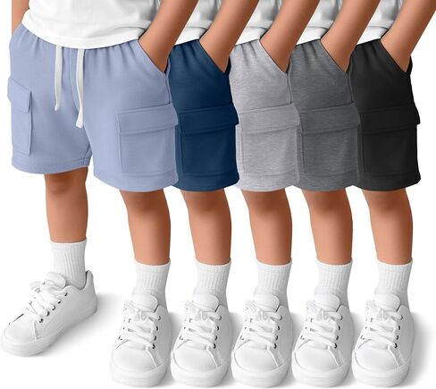 5 Pack Baby Boy Cargo Shorts 18M-5T Pull On Toddler Drawstring Elastic Waist Shorts Loose Pockets Summer Clothes in Kuwait