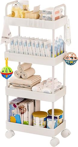 Homde Diaper Caddy Cart for Nursery: 4 Organized Zones for Daily Baby Care | 4-Tier Sorts Diapers, Wipes & Newborn Essentials - New Moms Keep Changing Table & Crib-Side Tidy - 8 Hooks Hold Small Items in Kuwait