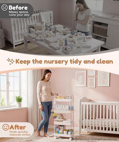 Homde Diaper Caddy Cart for Nursery: 4 Organized Zones for Daily Baby Care | 4-Tier Sorts Diapers, Wipes & Newborn Essentials - New Moms Keep Changing Table & Crib-Side Tidy - 8 Hooks Hold Small Items in Kuwait