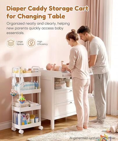 Homde Diaper Caddy Cart for Nursery: 4 Organized Zones for Daily Baby Care | 4-Tier Sorts Diapers, Wipes & Newborn Essentials - New Moms Keep Changing Table & Crib-Side Tidy - 8 Hooks Hold Small Items in Kuwait