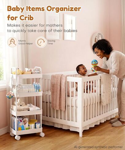 Homde Diaper Caddy Cart for Nursery: 4 Organized Zones for Daily Baby Care | 4-Tier Sorts Diapers, Wipes & Newborn Essentials - New Moms Keep Changing Table & Crib-Side Tidy - 8 Hooks Hold Small Items in Kuwait