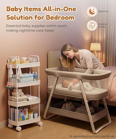 Homde Diaper Caddy Cart for Nursery: 4 Organized Zones for Daily Baby Care | 4-Tier Sorts Diapers, Wipes & Newborn Essentials - New Moms Keep Changing Table & Crib-Side Tidy - 8 Hooks Hold Small Items in Kuwait