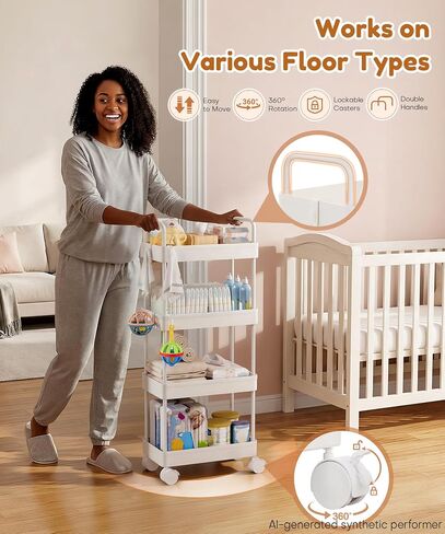 Homde Diaper Caddy Cart for Nursery: 4 Organized Zones for Daily Baby Care | 4-Tier Sorts Diapers, Wipes & Newborn Essentials - New Moms Keep Changing Table & Crib-Side Tidy - 8 Hooks Hold Small Items in Kuwait