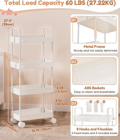 Homde Diaper Caddy Cart for Nursery: 4 Organized Zones for Daily Baby Care | 4-Tier Sorts Diapers, Wipes & Newborn Essentials - New Moms Keep Changing Table & Crib-Side Tidy - 8 Hooks Hold Small Items in Kuwait
