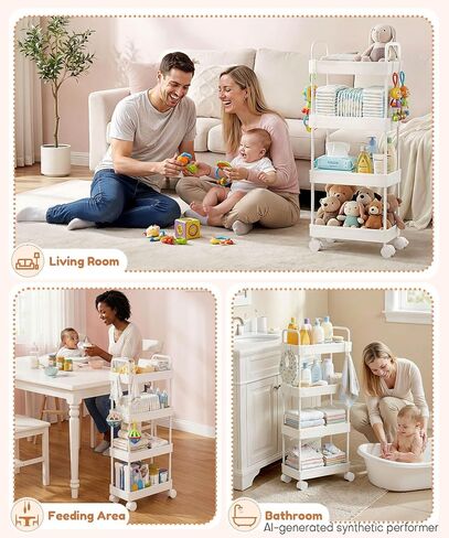 Homde Diaper Caddy Cart for Nursery: 4 Organized Zones for Daily Baby Care | 4-Tier Sorts Diapers, Wipes & Newborn Essentials - New Moms Keep Changing Table & Crib-Side Tidy - 8 Hooks Hold Small Items in Kuwait