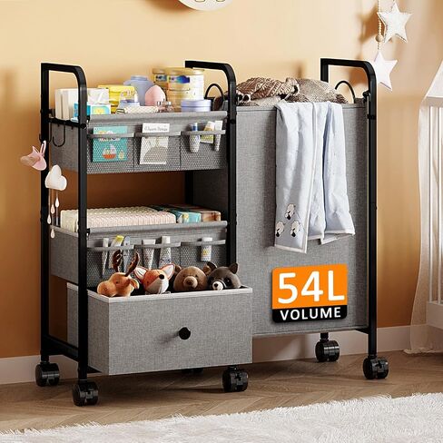 Cidaziya 2In1 Baby Diaper Caddy Organizer with Laundry Hamper, 3 Tier Rolling Cart with Dividers and Drawers, Upgrade Diaper Cart Utility Cart Clothes Organizer for Baby Essentials, New Mom, Nursery in Kuwait