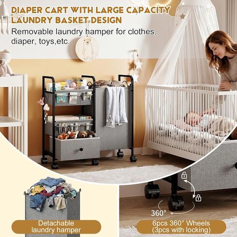 Cidaziya 2In1 Baby Diaper Caddy Organizer with Laundry Hamper, 3 Tier Rolling Cart with Dividers and Drawers, Upgrade Diaper Cart Utility Cart Clothes Organizer for Baby Essentials, New Mom, Nursery in Kuwait