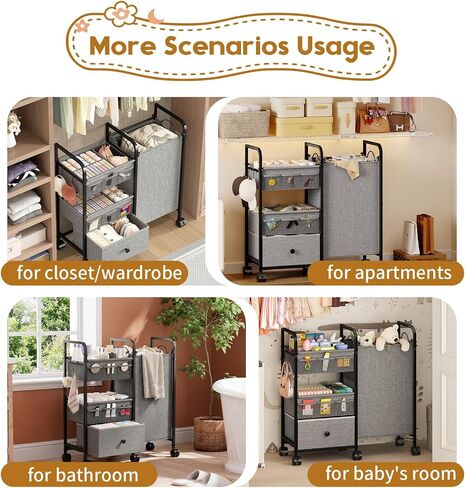 Cidaziya 2In1 Baby Diaper Caddy Organizer with Laundry Hamper, 3 Tier Rolling Cart with Dividers and Drawers, Upgrade Diaper Cart Utility Cart Clothes Organizer for Baby Essentials, New Mom, Nursery in Kuwait