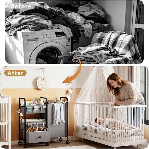 Cidaziya 2In1 Baby Diaper Caddy Organizer with Laundry Hamper, 3 Tier Rolling Cart with Dividers and Drawers, Upgrade Diaper Cart Utility Cart Clothes Organizer for Baby Essentials, New Mom, Nursery in Kuwait