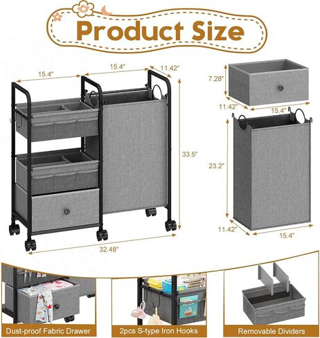 Cidaziya 2In1 Baby Diaper Caddy Organizer with Laundry Hamper, 3 Tier Rolling Cart with Dividers and Drawers, Upgrade Diaper Cart Utility Cart Clothes Organizer for Baby Essentials, New Mom, Nursery in Kuwait