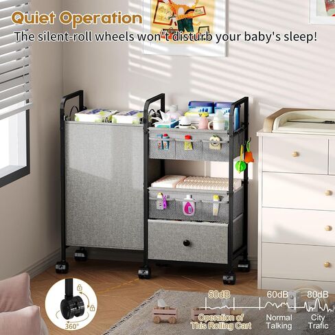 Cidaziya 2In1 Baby Diaper Caddy Organizer with Laundry Hamper, 3 Tier Rolling Cart with Dividers and Drawers, Upgrade Diaper Cart Utility Cart Clothes Organizer for Baby Essentials, New Mom, Nursery in Kuwait