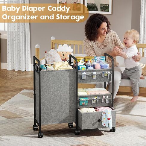 Cidaziya 2In1 Baby Diaper Caddy Organizer with Laundry Hamper, 3 Tier Rolling Cart with Dividers and Drawers, Upgrade Diaper Cart Utility Cart Clothes Organizer for Baby Essentials, New Mom, Nursery in Kuwait