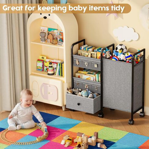 Cidaziya 2In1 Baby Diaper Caddy Organizer with Laundry Hamper, 3 Tier Rolling Cart with Dividers and Drawers, Upgrade Diaper Cart Utility Cart Clothes Organizer for Baby Essentials, New Mom, Nursery in Kuwait