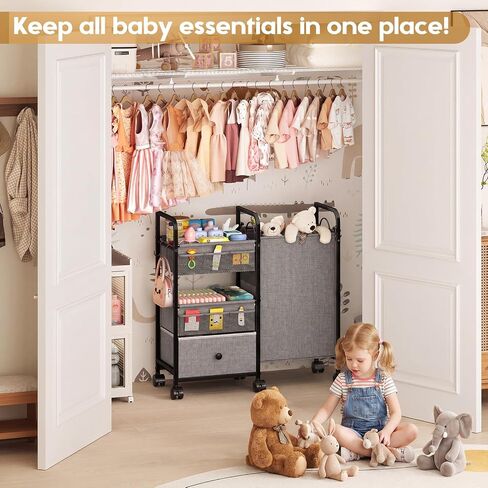 Cidaziya 2In1 Baby Diaper Caddy Organizer with Laundry Hamper, 3 Tier Rolling Cart with Dividers and Drawers, Upgrade Diaper Cart Utility Cart Clothes Organizer for Baby Essentials, New Mom, Nursery in Kuwait