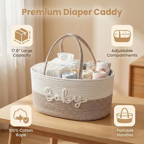 Diaper Caddy Organizer with Changeable Compartments, Newborn Essentials, Portable Nursery Storage Baby Basket with Handle for Changing Table, Stylish Newborn Baby Gift for Boys, Girls in Kuwait