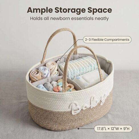 Diaper Caddy Organizer with Changeable Compartments, Newborn Essentials, Portable Nursery Storage Baby Basket with Handle for Changing Table, Stylish Newborn Baby Gift for Boys, Girls in Kuwait