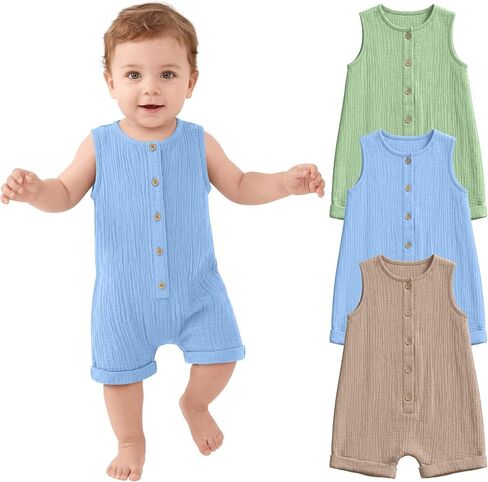 Halfchet 3 Pack Baby Boys Romper Infant Jumpsuit | 0-24M, Sleeveless Cotton Playsuit, Button Front, One Piece Summer Outfit, Soft Textured Fabric, Crawling, Play Time, Strolls in Kuwait