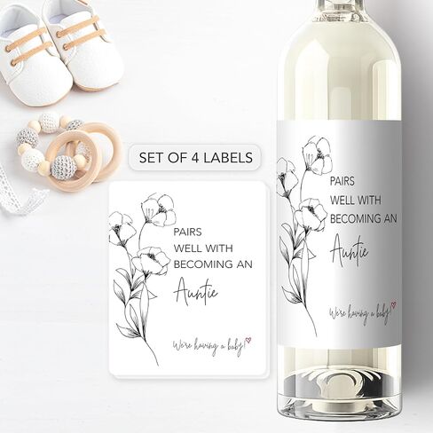 Pairs Well with Becoming an Auntie ● Set of 4 ● Pregnancy Announcement Wine Labels, Baby Announcement to Friends Sisters Cousins Wine Label, Pregnancy Reveal Gift, Alternative to Card A207-4A1 in Kuwait