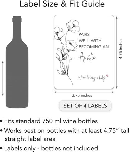 Pairs Well with Becoming an Auntie ● Set of 4 ● Pregnancy Announcement Wine Labels, Baby Announcement to Friends Sisters Cousins Wine Label, Pregnancy Reveal Gift, Alternative to Card A207-4A1 in Kuwait