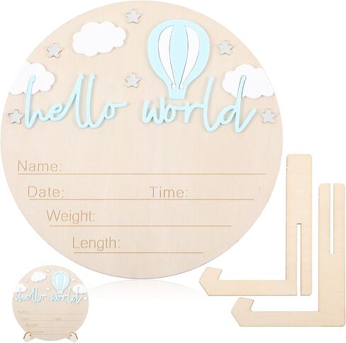Baby Announcement Sign, Wooden Hello World Newborn Sign, Blue in Kuwait