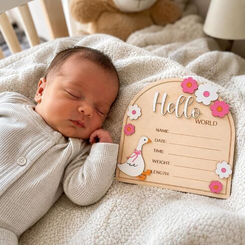 Baby Announcement Sign, Hello World Newborn Plaque, Wooden Birth Reveal Prop, Hospital Photography Decor, Nursery Room Decor (Pink D34) in Kuwait