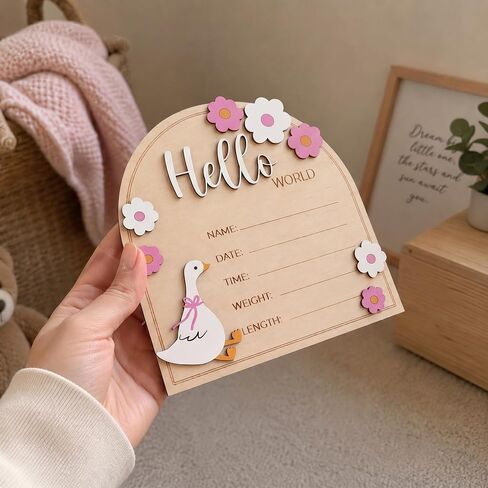 Baby Announcement Sign, Hello World Newborn Plaque, Wooden Birth Reveal Prop, Hospital Photography Decor, Nursery Room Decor (Pink D34) in Kuwait