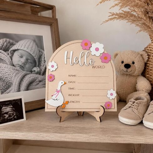 Baby Announcement Sign, Hello World Newborn Plaque, Wooden Birth Reveal Prop, Hospital Photography Decor, Nursery Room Decor (Pink D34) in Kuwait