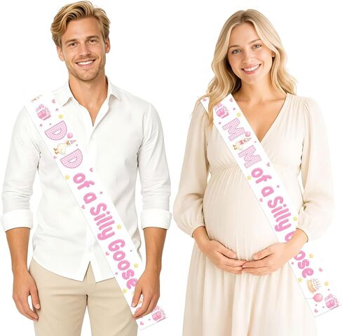 Silly Goose Baby Shower Sash, Pink Goose Theme Mom and Dad to Be Sash Set Gift Box Cake Balloon Farm Animal Mom/Dad of A Silly Goose Sashes for Girls Baby Shower Pregnancy Announcement Supplies in Kuwait